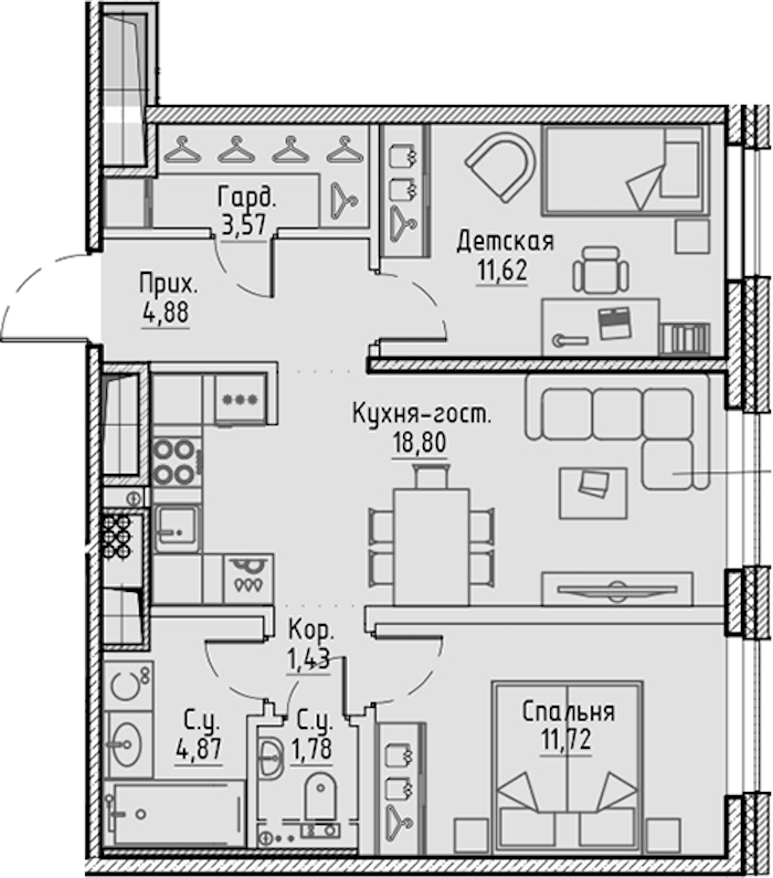 2-комнатная квартира 58.67 м², 7/10 эт., ЖК «LEGENDA Сампсониевский 32»